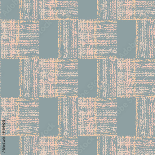 Abstract vector gauze brush effect rectangles seamless pattern background. Grid offset block backdrop of pink blue coarse painterly squares with spliced edges.Textured fibre weave shapes repeat