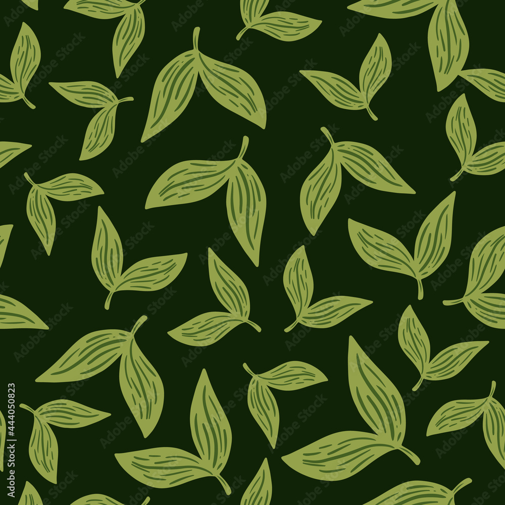 Cute simple leaves ornament seamless pattern in hand drawn style. Green background. Cute simple leaves ornament seamless pattern in hand drawn style. Green background.