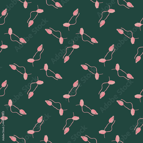 Geometric style seamless pattern with pink little abstract poppy buds print. Dark green- turquoise background.