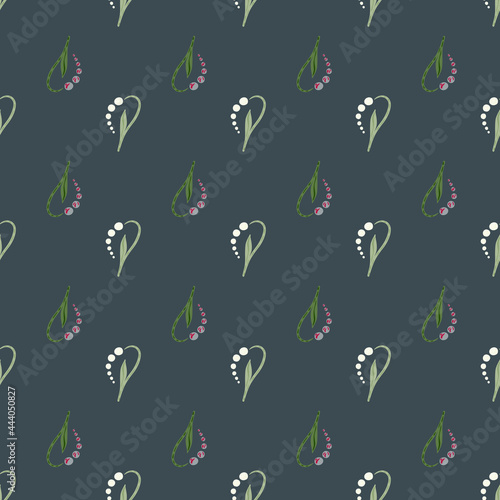 Abstract style seamless pattern with little lily of the valley shapes. Pale dark blue background.