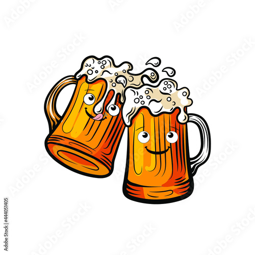 Vector Beer Mugs with Funny Faces Isolated on White Background, Cheers Colorful Illustration.

