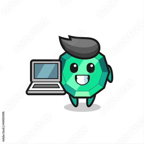 Mascot Illustration of emerald gemstone with a laptop