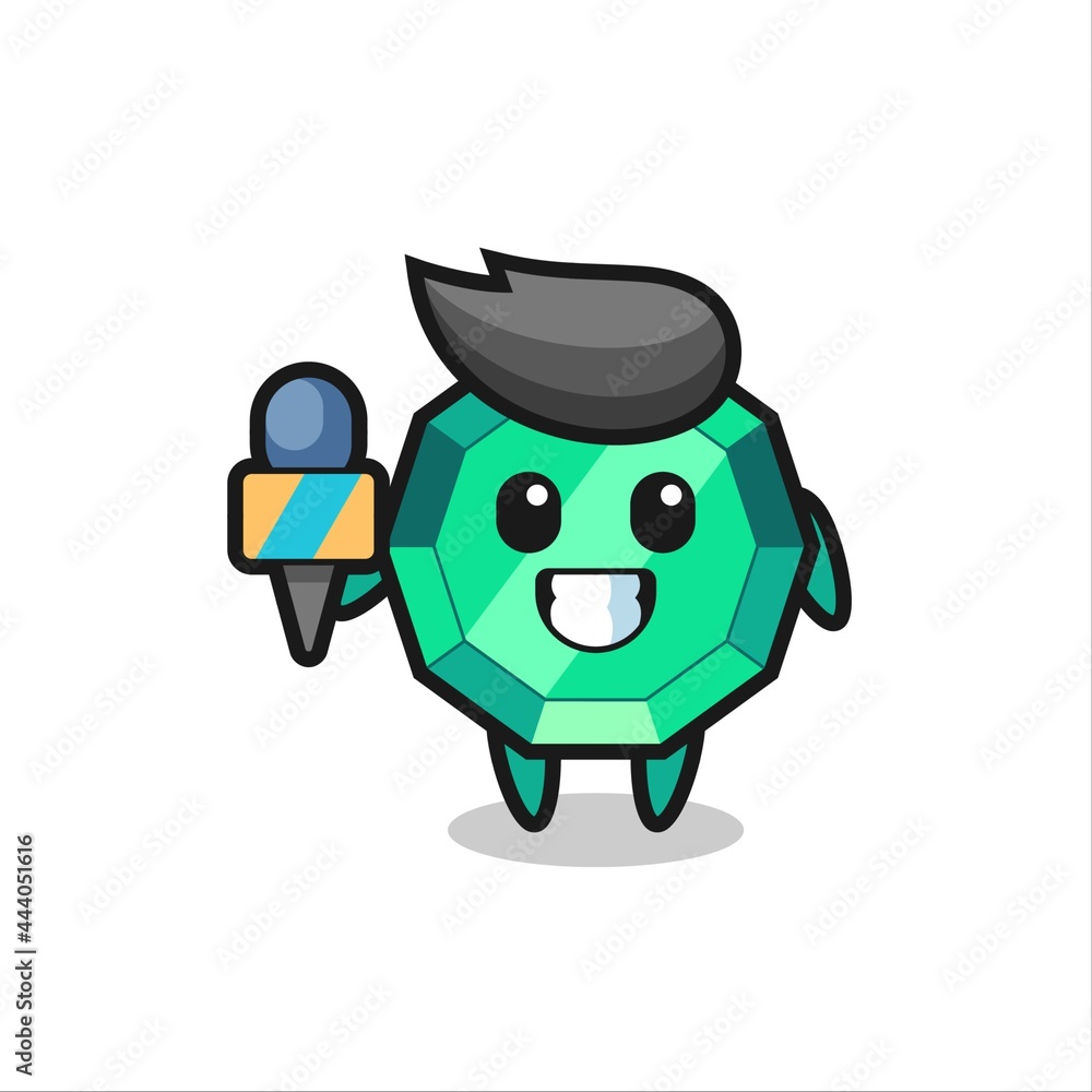 Character mascot of emerald gemstone as a news reporter