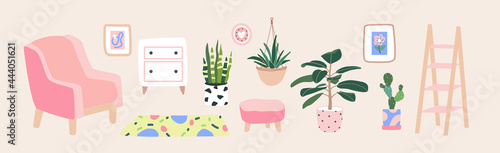 Living room furniture. Home plants in flowerpot. Houseplants isolated. Trendy hugge style, vintage urban jungle decor. Hand drawn. Set collection. Green, pink, yellow, beige, blue color. Print, poster