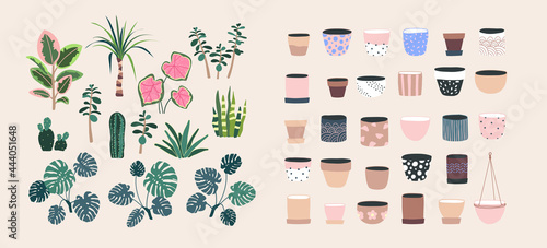 Home plants bundle. Houseplants, flowers, leaf branch, pots, flowerpots isolated. Flat style, urban jungle decor. Hand drawn vector. Green, blue, pink, beige pastel colors. Print, poster. Logo, label.