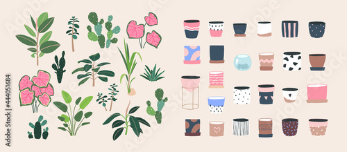 Home plants bundle. Houseplants, flowers, leaf branch, pots, flowerpots isolated. Flat style, urban jungle decor. Hand drawn vector. Green, blue, pink, beige pastel colors. Print, poster. Logo, label.