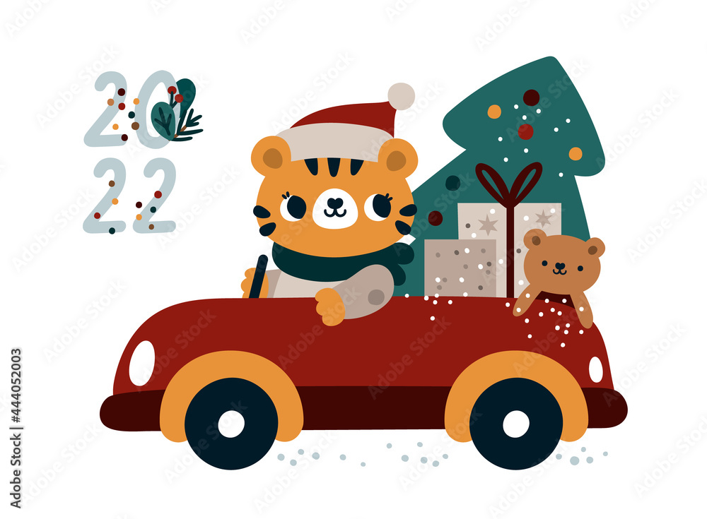 Happy new year 2022 card. Baby tiger in car with gifts and christmas tree in cartoon style isolated on white background. Little roar print for kids. Exotic animal with stripy coat. Symbol of 2022. Happy new year 2022 card. Baby tiger in car with gifts and christmas tree in cartoon style isolated on white background. Little roar print for kids. Exotic animal with stripy coat. Symbol of 2022.