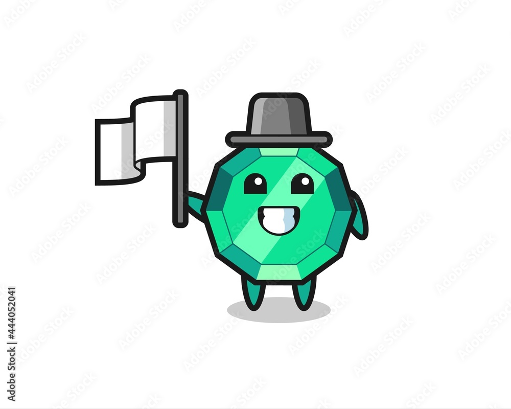 Cartoon character of emerald gemstone holding a flag Cartoon character of emerald gemstone holding a flag