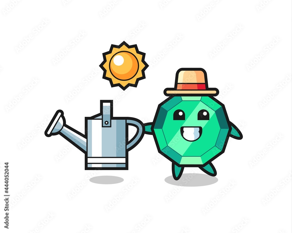 Cartoon character of emerald gemstone holding watering can