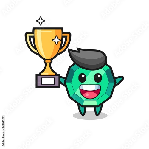 Cartoon Illustration of emerald gemstone is happy holding up the golden trophy