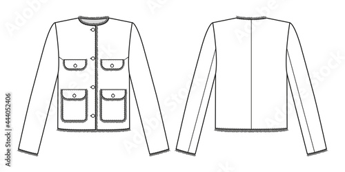 Fashion technical drawing of tweed jacket with pockets