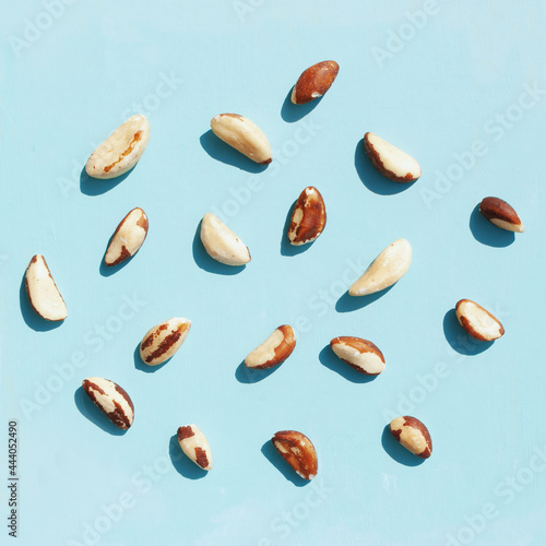 Texture of Brazil nut on light blue background. 