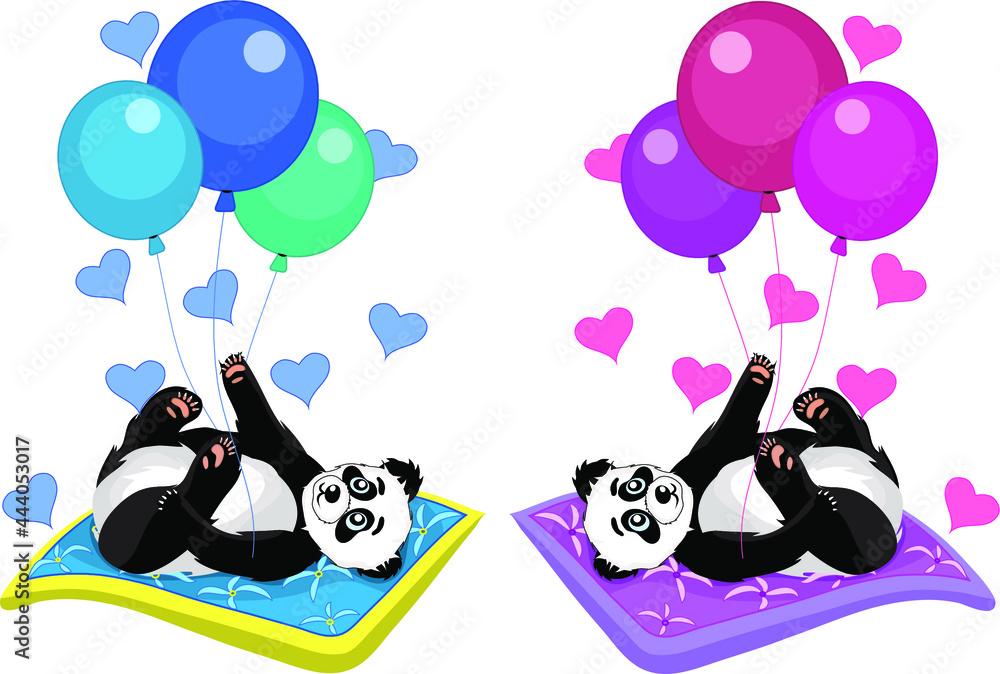 Naklejka premium baby panda girl and boy, lying on their backs and looking at balls and hearts, they are very much loved, vector on a white background 