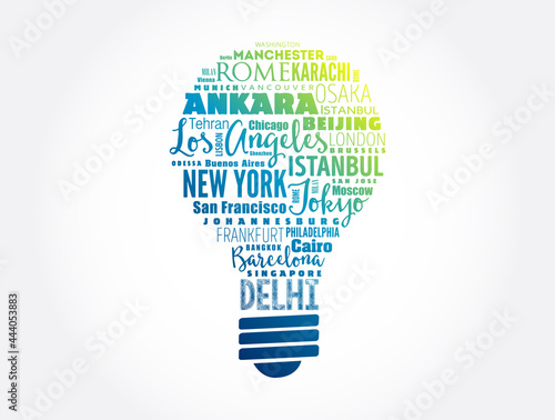 The largest cities in the world light bulb word cloud, travel destinations concept background