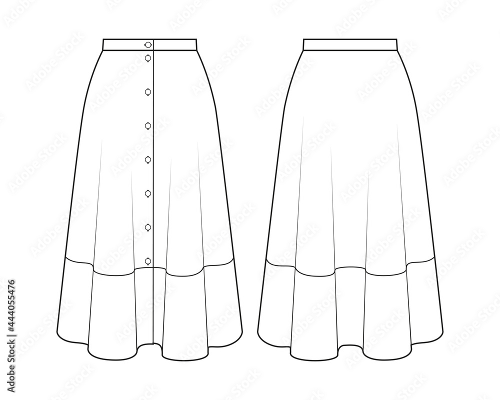 Fashion technical drawing of flared skirt with buttons Stock Vector ...