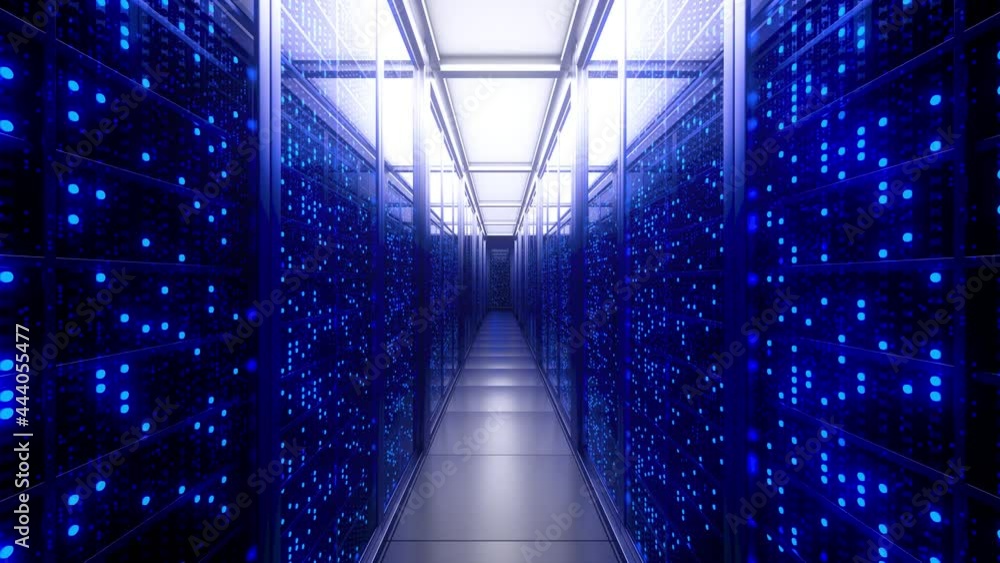 Server racks in computer network security server room data center. Server room data center. Backup, mining, hosting, mainframe, farm and computer rack with storage information. 3d animation