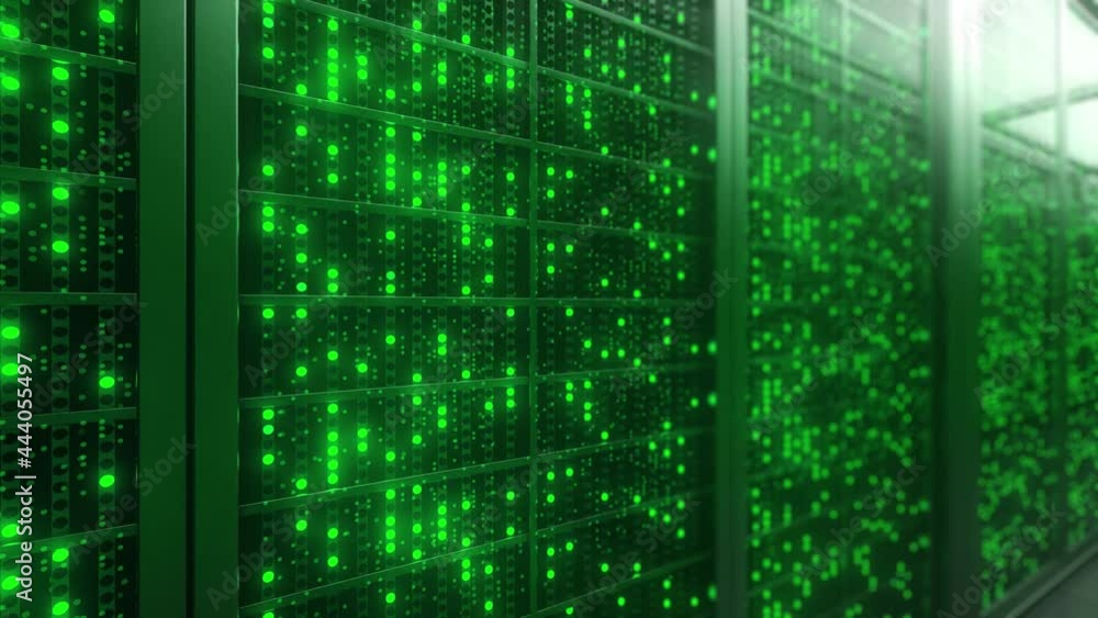 Network and data powerful servers behind glass panels in a server room of a data center or ISP. Racks of Blinking twinkling LED green Lights. Futuristic or IT background. 3d Animation Network and data powerful servers behind glass panels in a server room of a data center or ISP. Racks of Blinking twinkling LED green Lights. Futuristic or IT background. 3d Animation