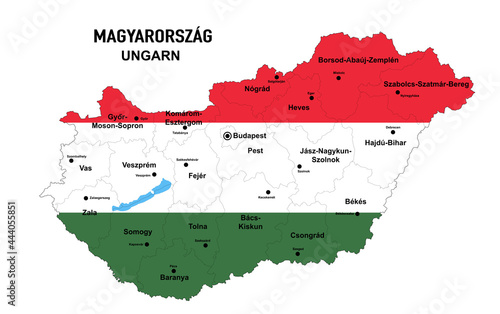Landkarte Ungarn mit Flagge, Bundesländer, Städte und Hauptstädte,
Vektor Illustration isoliert auf weißem Hintergrund
