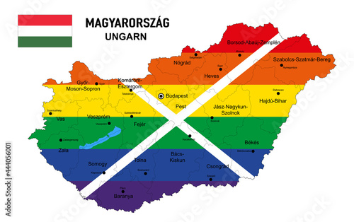 Landkarte Ungarn mit Regenbogen, Flagge, Bundesländer, Städte und Hauptstädte,
Vektor Illustration isoliert auf weißem Hintergrund
