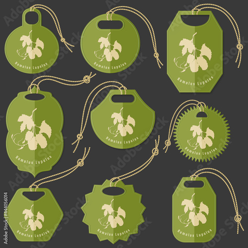 Set of Tags with Humulus lupulus Herb Silhouette