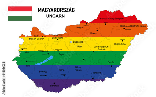 Landkarte Ungarn mit Regenbogen, Flagge, Bundesländer, Städte und Hauptstädte,
Vektor Illustration isoliert auf weißem Hintergrund
