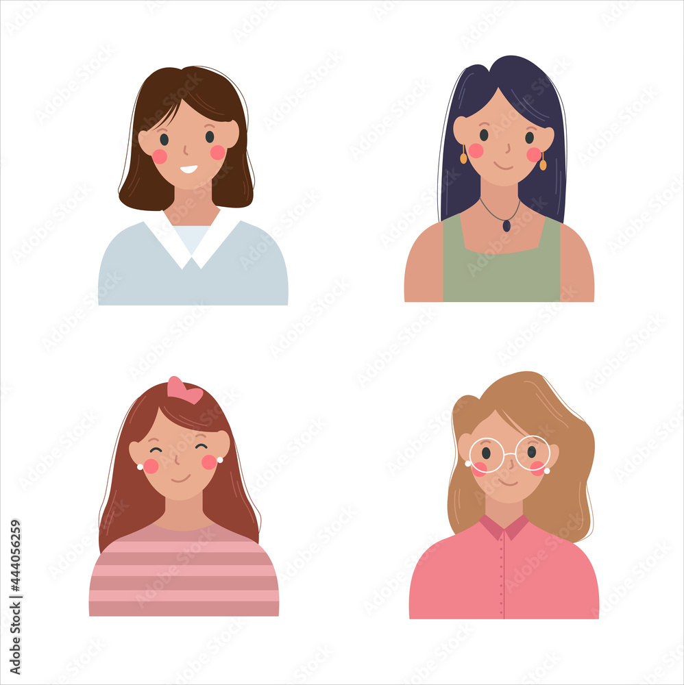 Set of diverse Girls vector illustration. Avatar for social network. Joyful smiling girl illustration. Girls illustration isolated on white background. Set of diverse Girls vector illustration. Avatar for social network. Joyful smiling girl illustration. Girls illustration isolated on white background.