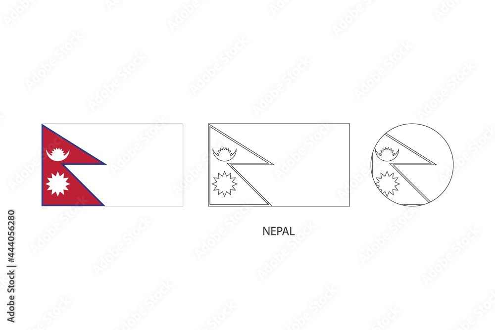 Nepal flag 3 versions, Vector illustration, Thin black line of