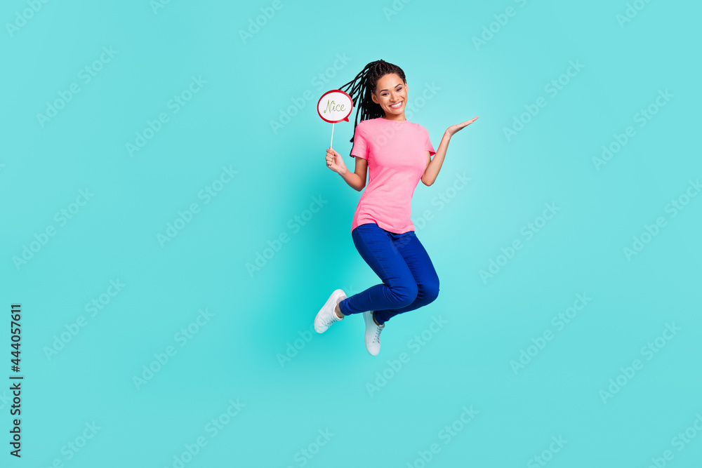 Full size photo of nice brunette hairdo young lady hold cloud jump wear t-shirt jeans isolated on teal color background Full size photo of nice brunette hairdo young lady hold cloud jump wear t-shirt jeans isolated on teal color background