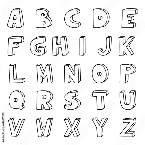Vector English alphabet.Hand drawn characters, black outlines, 3D effect. For coloring,games,school,books,print.Children education with funny letters. Latin script, Roman lettering. Font elements
