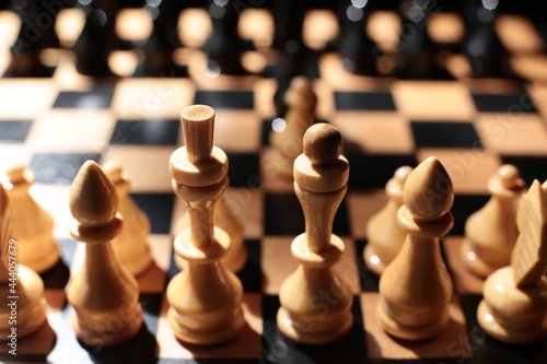 Wooden chess pieces on the board. Close up photo