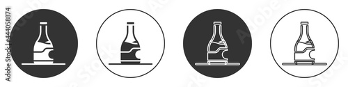Black Bottle of wine icon isolated on white background. Circle button. Vector