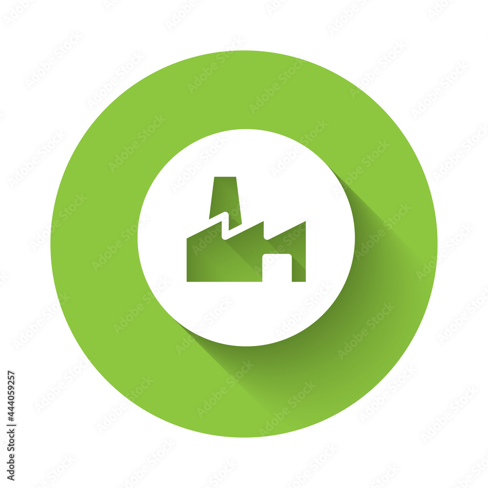 White Factory production icon isolated with long shadow background. Industrial building. Green circle button. Vector White Factory production icon isolated with long shadow background. Industrial building. Green circle button. Vector