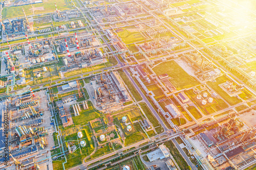 Aerial drone view of petrol industrial zone or oil refinery in Yaroslavl  Russia during sunset time