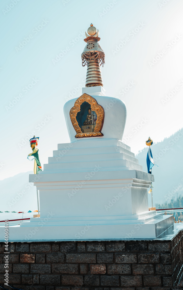Closeup shot of Buddhist stupa at Pangan Nyingma Monastery at Manali in Himachal Pradesh, India