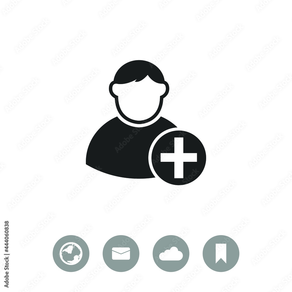 Vector icon of add friend contact. Add user sign icon. Avatar icon. Vector icon of add friend contact. Add user sign icon. Avatar icon.