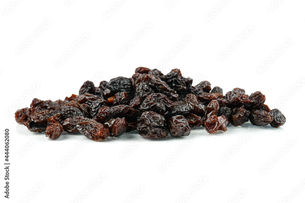Black sweet Raisins or dried sweet grapes (kali kishmish or Zante currant) isolated on white background Black sweet Raisins or dried sweet grapes (kali kishmish or Zante currant) isolated on white background