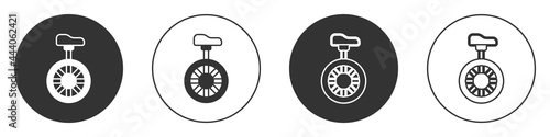 Black Unicycle or one wheel bicycle icon isolated on white background. Monowheel bicycle. Circle button. Vector