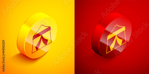 Free Download Isometric Circus tent icon isolated on orange and red background. Carnival camping tent. Amusement park. Circle button. Vector - GFXLoad