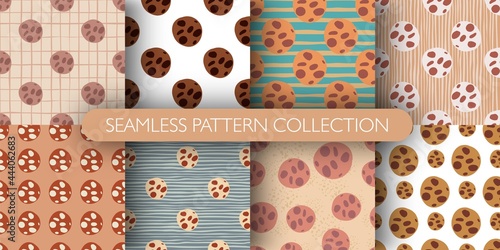 Set of seamless isolated pattern with colored chocolate cookies elements. Tasty dessert collection.
