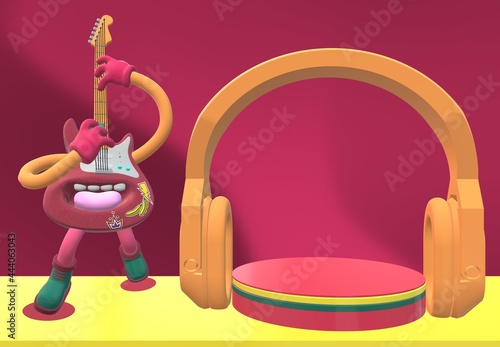 3D Render Music Background Scene of Minimal Podium for Display Products Advertising, website, social media, presentation, template element. 3d illustration Guitar character cartoon, Headphone, podium.
