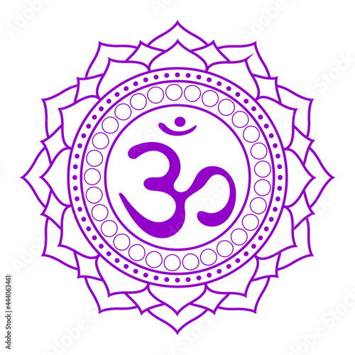 Line drawing.The seventh chakra Sahasrara. The crown or highest chakra with Hindu Sanskrit. Purple is a flat symbol of meditation, yoga. Vector