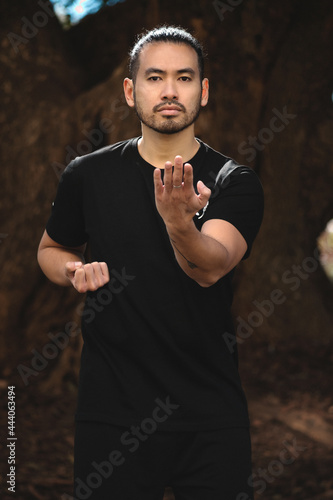 chinese man practicing kung fu in the park