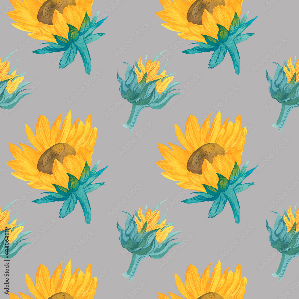 Watercolor seamless pattern with yellow sunflowers on a gray background. Autumn and botanical hand painted print.