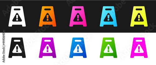 Set Wet floor and cleaning in progress icon isolated on black and white background. Cleaning service concept. Vector