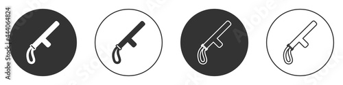Black Police rubber baton icon isolated on white background. Rubber truncheon. Police Bat. Police equipment. Circle button. Vector