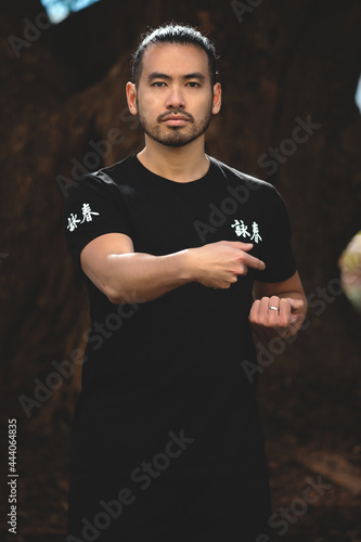 chinese man practicing kung fu in the park