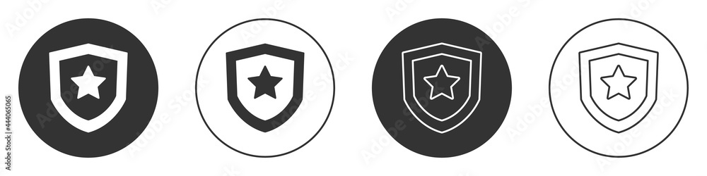 Black Police badge icon isolated on white background. Sheriff badge sign. Circle button. Vector Black Police badge icon isolated on white background. Sheriff badge sign. Circle button. Vector