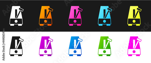 Set Classic Metronome with pendulum in motion icon isolated on black and white background. Equipment of music and beat mechanism. Vector