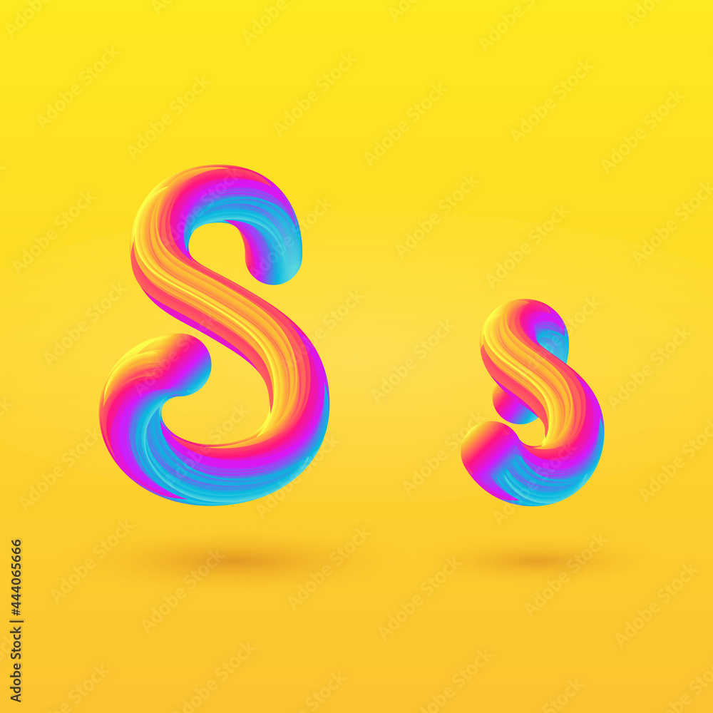Letter S 3D vector. Liquid gradient shape on yellow background. Colorful hand drawn alphabet for branding, logo, a set of words. Festive typography, childrens alphabet, uppercase letters