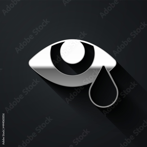 Silver Tear cry eye icon isolated on black background. Long shadow style. Vector